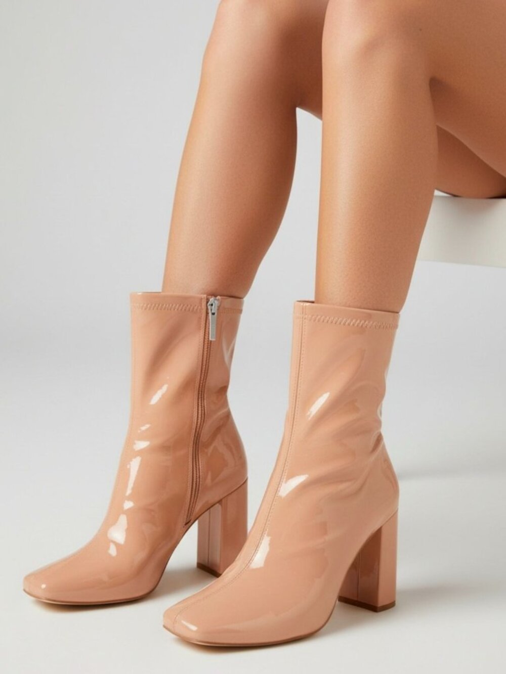 Patent Leather Nude Ankle Boots With Block Heels & Side Zipper Closure Womens